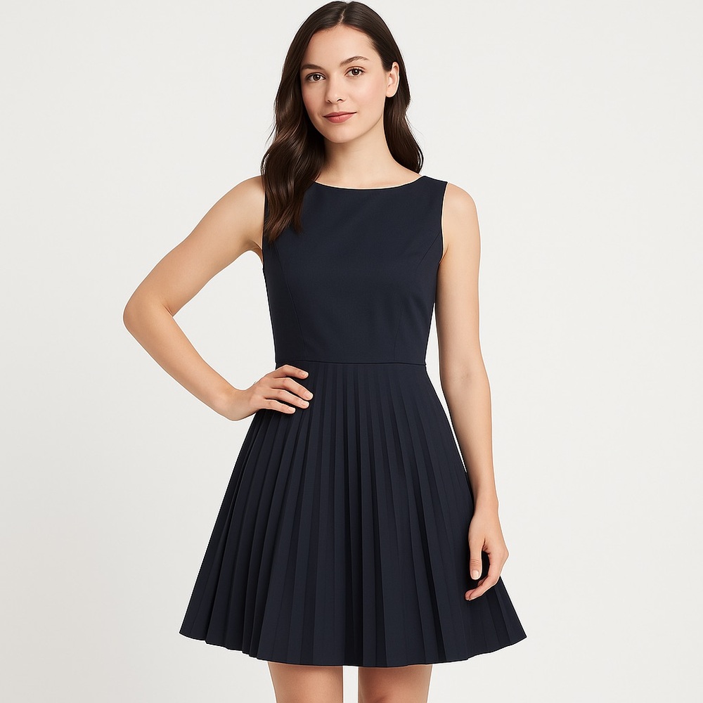 ANN TAYLOR PETITES Dress Pleated Fit & Flare  Navy Blue Size 0P